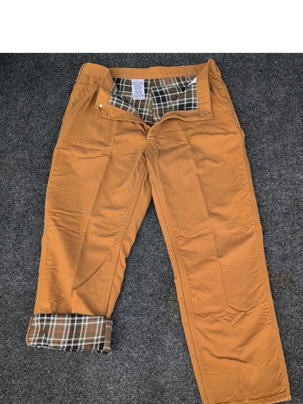 Carhartt Pants Mens 38x30 Brown Canvas Plaid Flannel Lined Carpentry Work B111